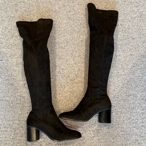 Zara Black Suede Boots Over the Knee Block Heel Almond Toe 6.5 37